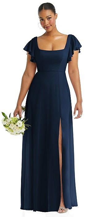 Flutter Sleeve Scoop Open-Back Chiffon Maxi Dress