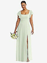 Front View Thumbnail - Mint Green Flutter Sleeve Scoop Open-Back Chiffon Maxi Dress