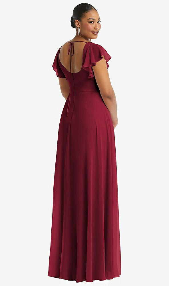 Back View - Burgundy Flutter Sleeve Scoop Open-Back Chiffon Maxi Dress