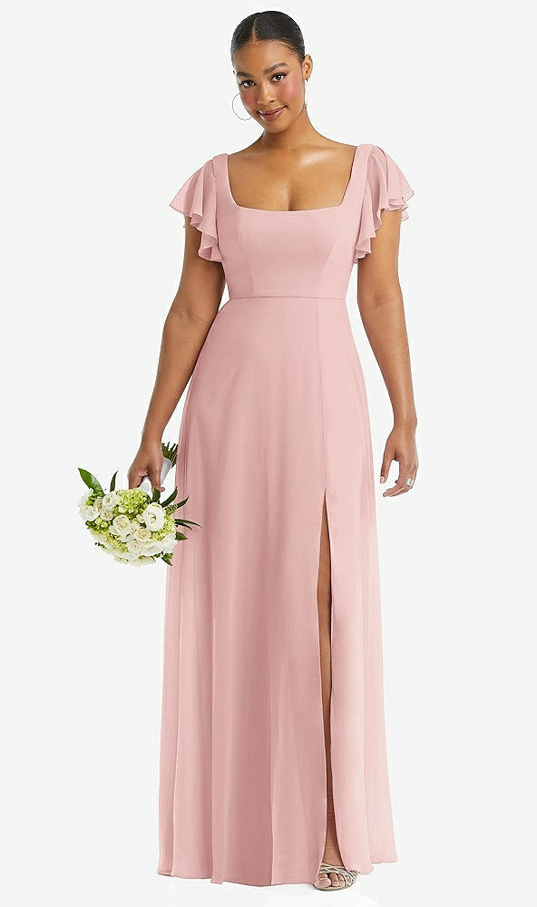 Front View - Rose Flutter Sleeve Scoop Open-Back Chiffon Maxi Dress