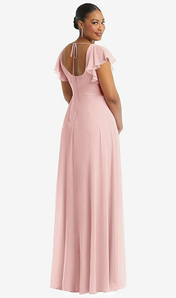 Back View - Rose Flutter Sleeve Scoop Open-Back Chiffon Maxi Dress