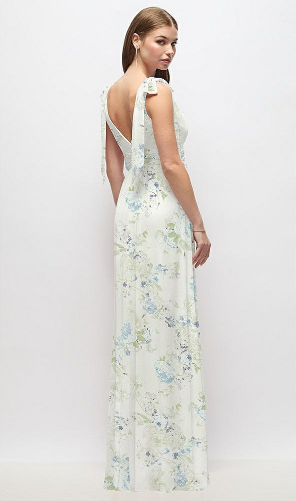 Back View - Bleu Garden Plunge Neckline Bow Shoulder Empire Waist Chiffon Maxi Dress