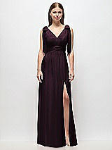 Front View Thumbnail - Deep Plum Plunge Neckline Bow Shoulder Empire Waist Chiffon Maxi Dress