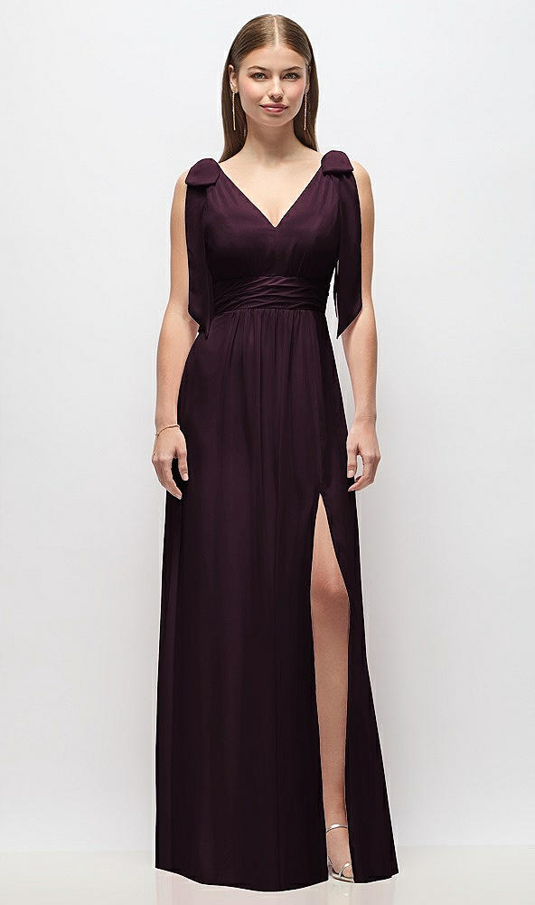 Front View - Deep Plum Plunge Neckline Bow Shoulder Empire Waist Chiffon Maxi Dress