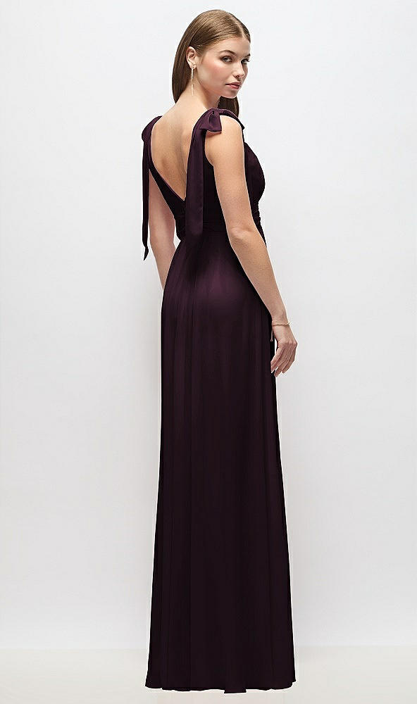 Back View - Deep Plum Plunge Neckline Bow Shoulder Empire Waist Chiffon Maxi Dress