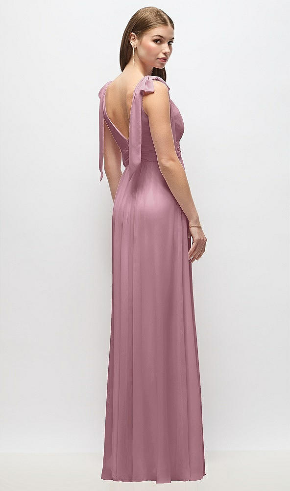 Back View - Dusty Pink Plunge Neckline Bow Shoulder Empire Waist Chiffon Maxi Dress