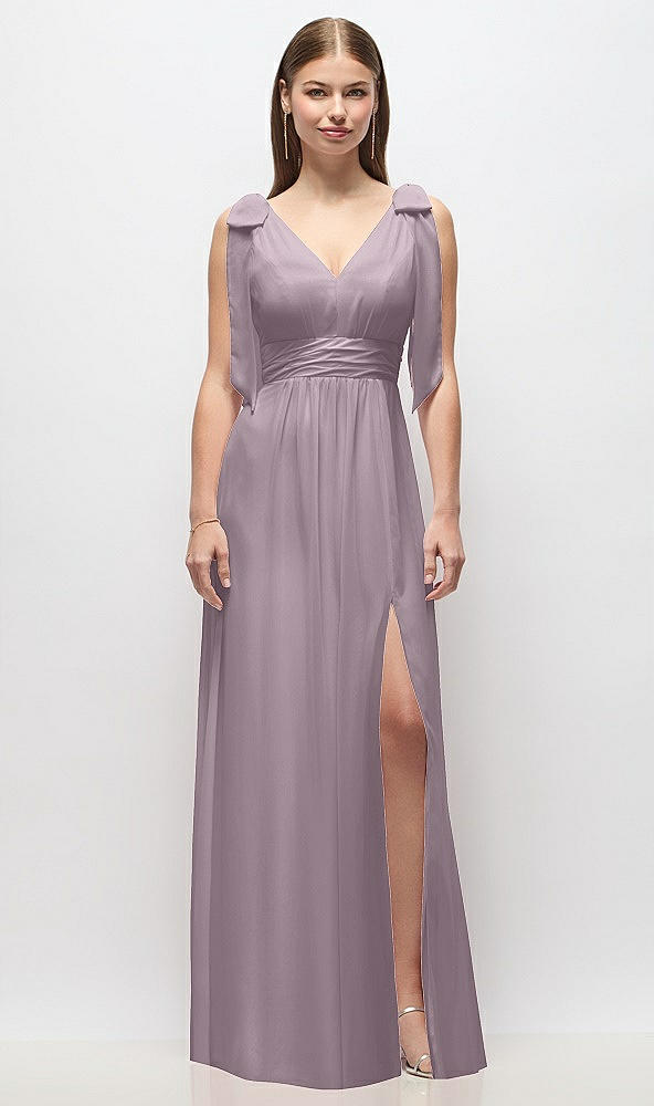 Front View - Lilac Dusk Plunge Neckline Bow Shoulder Empire Waist Chiffon Maxi Dress