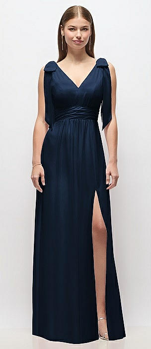 Plunge Neckline Bow Shoulder Empire Waist Chiffon Maxi Dress