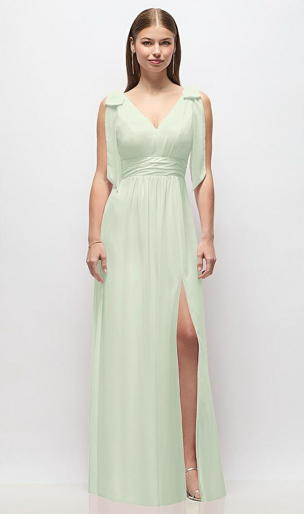 Front View - Mint Green Plunge Neckline Bow Shoulder Empire Waist Chiffon Maxi Dress