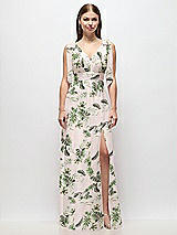 Front View Thumbnail - Palm Beach Print Plunge Neckline Bow Shoulder Empire Waist Chiffon Maxi Dress