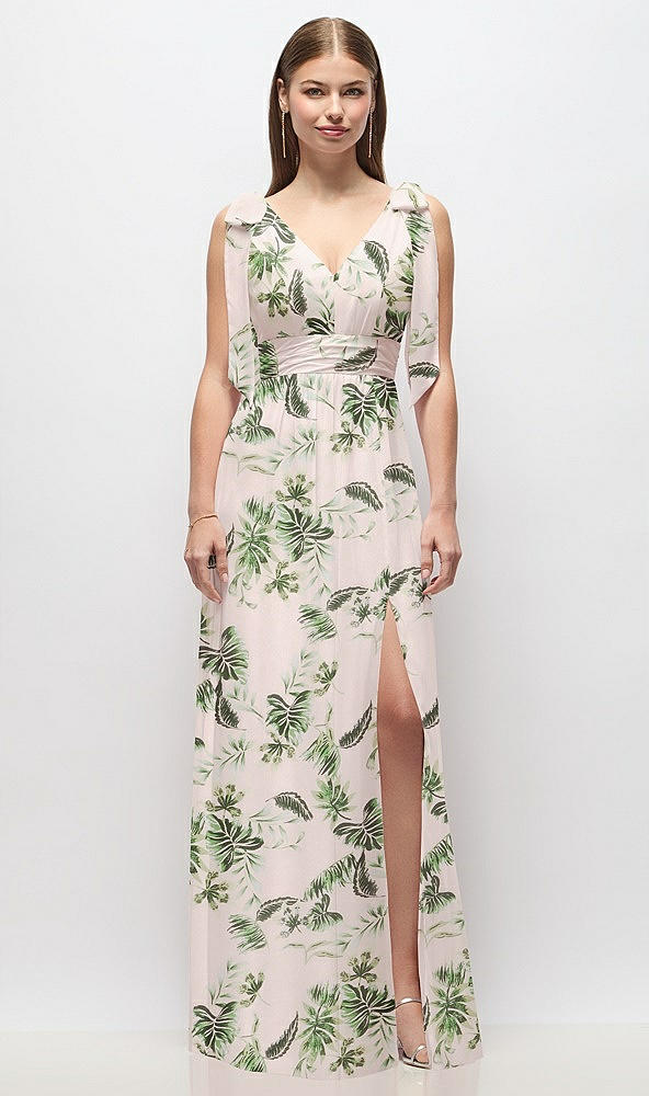 Front View - Palm Beach Print Plunge Neckline Bow Shoulder Empire Waist Chiffon Maxi Dress