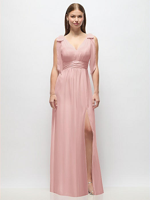 Plunge Neckline Bow Shoulder Empire Waist Chiffon Maxi Dress