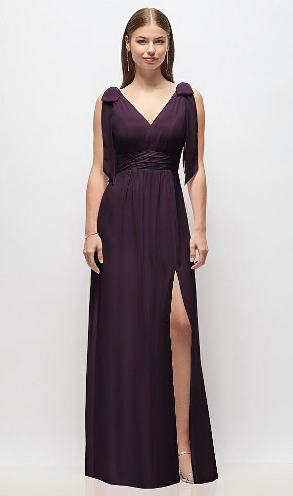 Front View - Aubergine Plunge Neckline Bow Shoulder Empire Waist Chiffon Maxi Dress