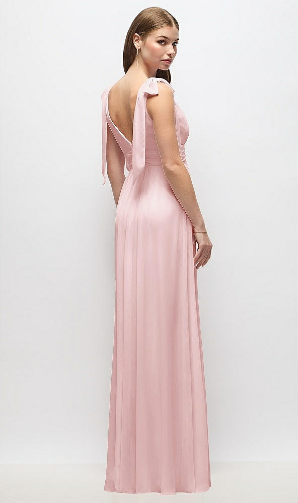 Back View - Ballet Pink Plunge Neckline Bow Shoulder Empire Waist Chiffon Maxi Dress