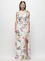 Front View Thumbnail - Butterfly Botanica Ivory Plunge Neckline Bow Shoulder Empire Waist Chiffon Maxi Dress