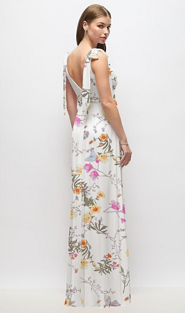 Back View - Butterfly Botanica Ivory Plunge Neckline Bow Shoulder Empire Waist Chiffon Maxi Dress
