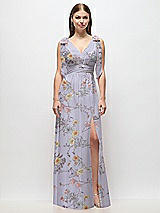 Front View Thumbnail - Butterfly Botanica Silver Dove Plunge Neckline Bow Shoulder Empire Waist Chiffon Maxi Dress