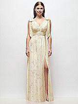 Front View Thumbnail - Butter Yellow Floral Plunge Neckline Bow Shoulder Empire Waist Chiffon Maxi Dress