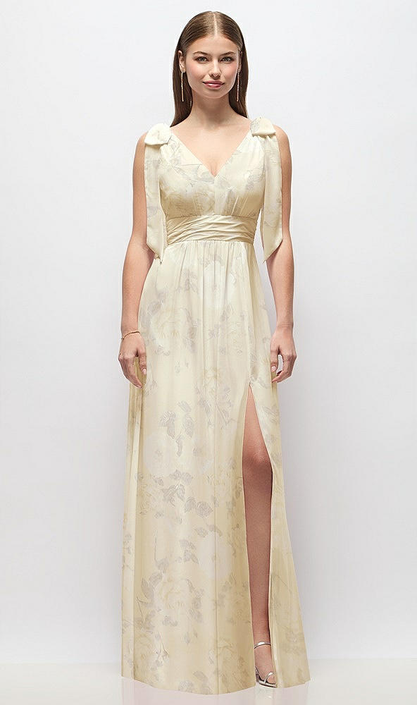 Front View - Butter Yellow Floral Plunge Neckline Bow Shoulder Empire Waist Chiffon Maxi Dress