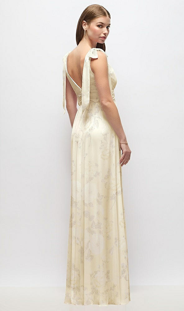 Back View - Butter Yellow Floral Plunge Neckline Bow Shoulder Empire Waist Chiffon Maxi Dress