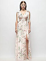 Front View Thumbnail - Blush Garden Plunge Neckline Bow Shoulder Empire Waist Chiffon Maxi Dress