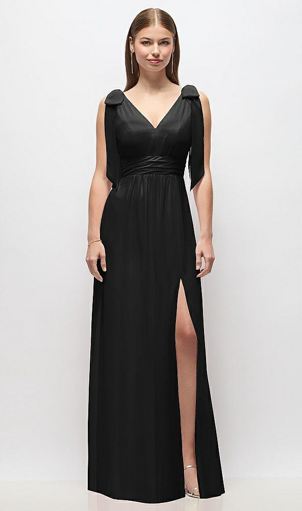 Front View - Black Plunge Neckline Bow Shoulder Empire Waist Chiffon Maxi Dress