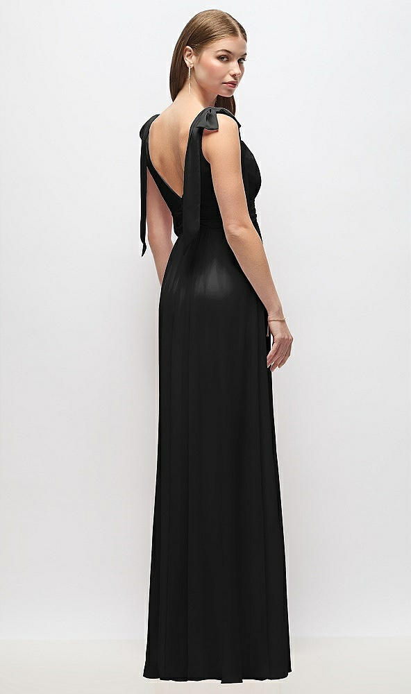 Back View - Black Plunge Neckline Bow Shoulder Empire Waist Chiffon Maxi Dress