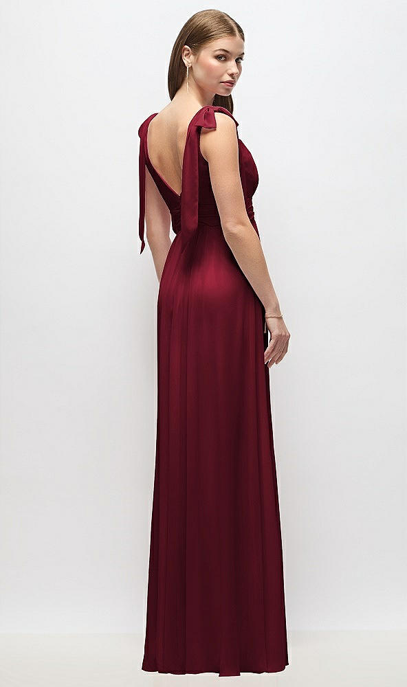 Back View - Burgundy Plunge Neckline Bow Shoulder Empire Waist Chiffon Maxi Dress