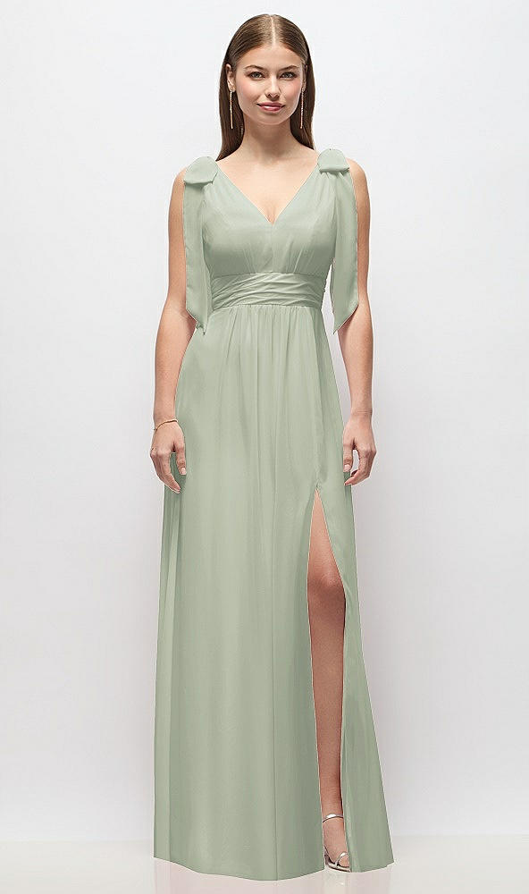 Front View - Celadon Plunge Neckline Bow Shoulder Empire Waist Chiffon Maxi Dress