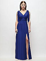 Front View Thumbnail - Cobalt Blue Plunge Neckline Bow Shoulder Empire Waist Chiffon Maxi Dress