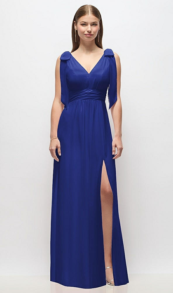 Front View - Cobalt Blue Plunge Neckline Bow Shoulder Empire Waist Chiffon Maxi Dress