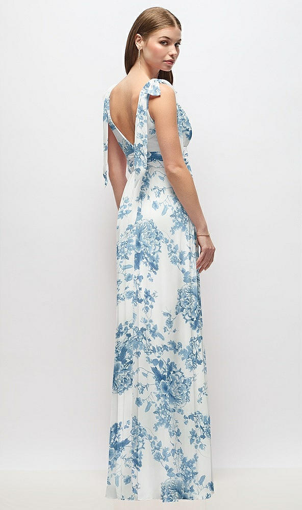 Back View - Cottage Rose Dusk Blue Plunge Neckline Bow Shoulder Empire Waist Chiffon Maxi Dress