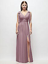 Front View Thumbnail - Dusty Rose Plunge Neckline Bow Shoulder Empire Waist Chiffon Maxi Dress