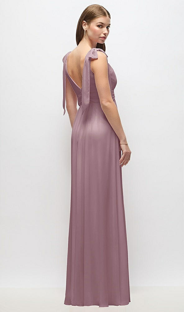 Back View - Dusty Rose Plunge Neckline Bow Shoulder Empire Waist Chiffon Maxi Dress