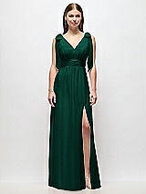 Front View Thumbnail - Hunter Green Plunge Neckline Bow Shoulder Empire Waist Chiffon Maxi Dress