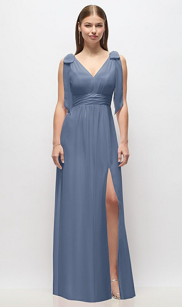 Front View - Larkspur Blue Plunge Neckline Bow Shoulder Empire Waist Chiffon Maxi Dress