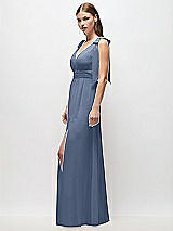 Side View Thumbnail - Larkspur Blue Plunge Neckline Bow Shoulder Empire Waist Chiffon Maxi Dress