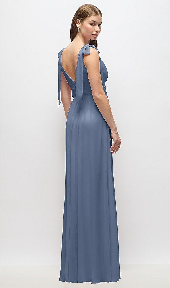 Back View - Larkspur Blue Plunge Neckline Bow Shoulder Empire Waist Chiffon Maxi Dress