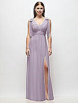 Front View Thumbnail - Lilac Haze Plunge Neckline Bow Shoulder Empire Waist Chiffon Maxi Dress