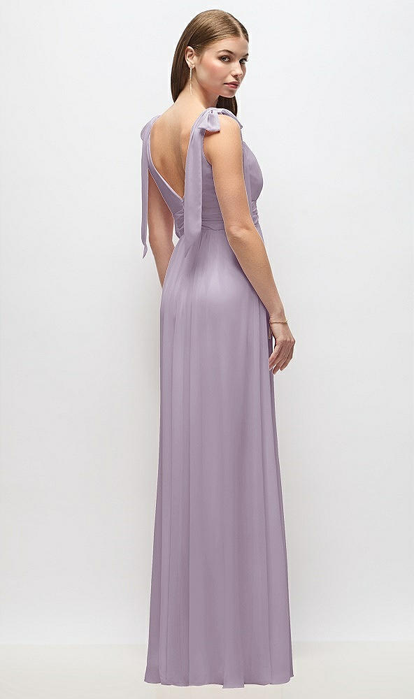 Back View - Lilac Haze Plunge Neckline Bow Shoulder Empire Waist Chiffon Maxi Dress