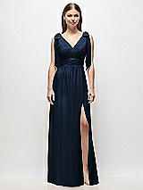 Front View Thumbnail - Midnight Navy Plunge Neckline Bow Shoulder Empire Waist Chiffon Maxi Dress