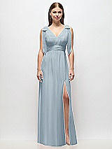 Front View Thumbnail - Mist Plunge Neckline Bow Shoulder Empire Waist Chiffon Maxi Dress