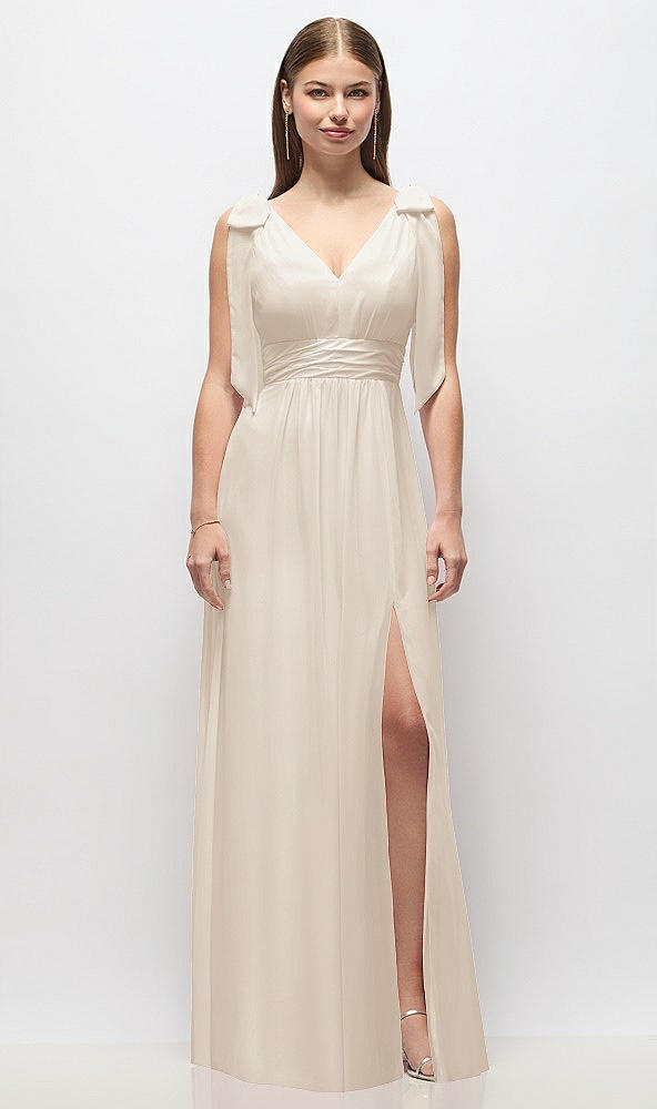Front View - Oat Plunge Neckline Bow Shoulder Empire Waist Chiffon Maxi Dress