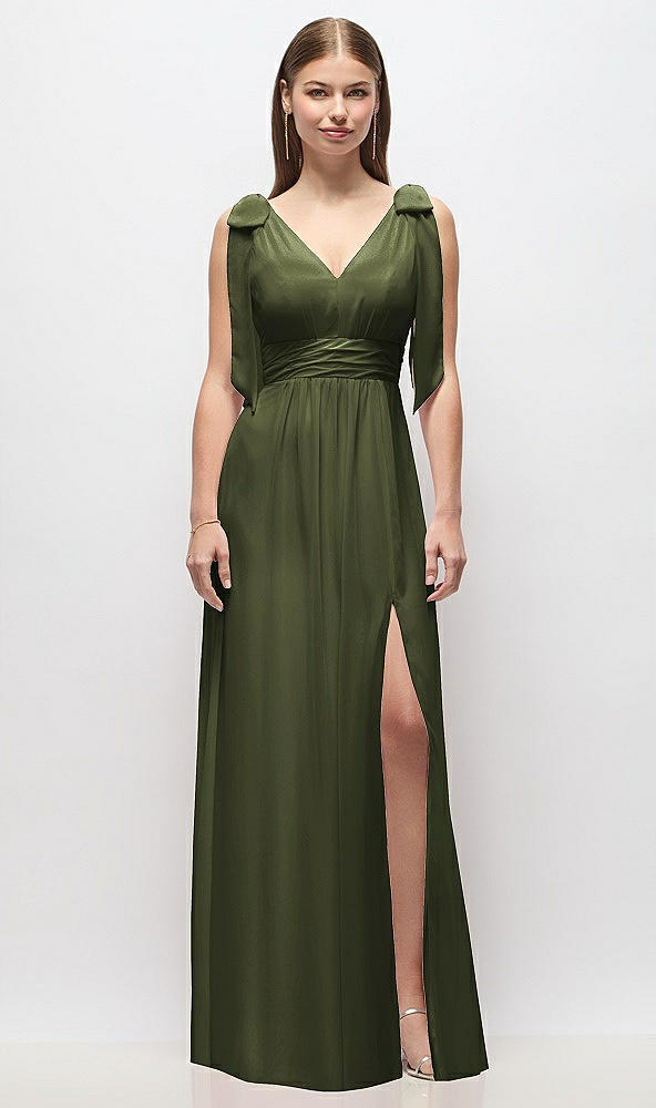 Front View - Olive Green Plunge Neckline Bow Shoulder Empire Waist Chiffon Maxi Dress