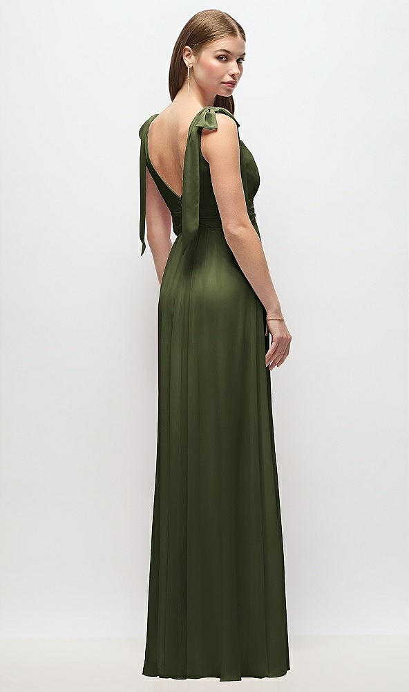 Back View - Olive Green Plunge Neckline Bow Shoulder Empire Waist Chiffon Maxi Dress