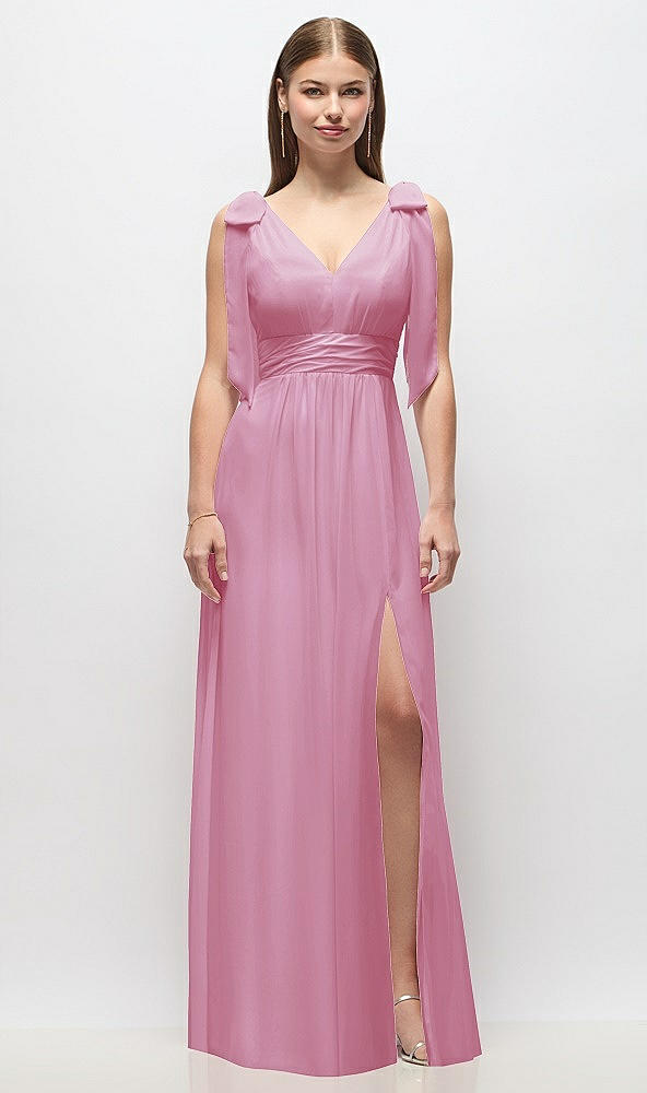 Front View - Powder Pink Plunge Neckline Bow Shoulder Empire Waist Chiffon Maxi Dress