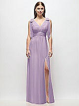 Front View Thumbnail - Pale Purple Plunge Neckline Bow Shoulder Empire Waist Chiffon Maxi Dress