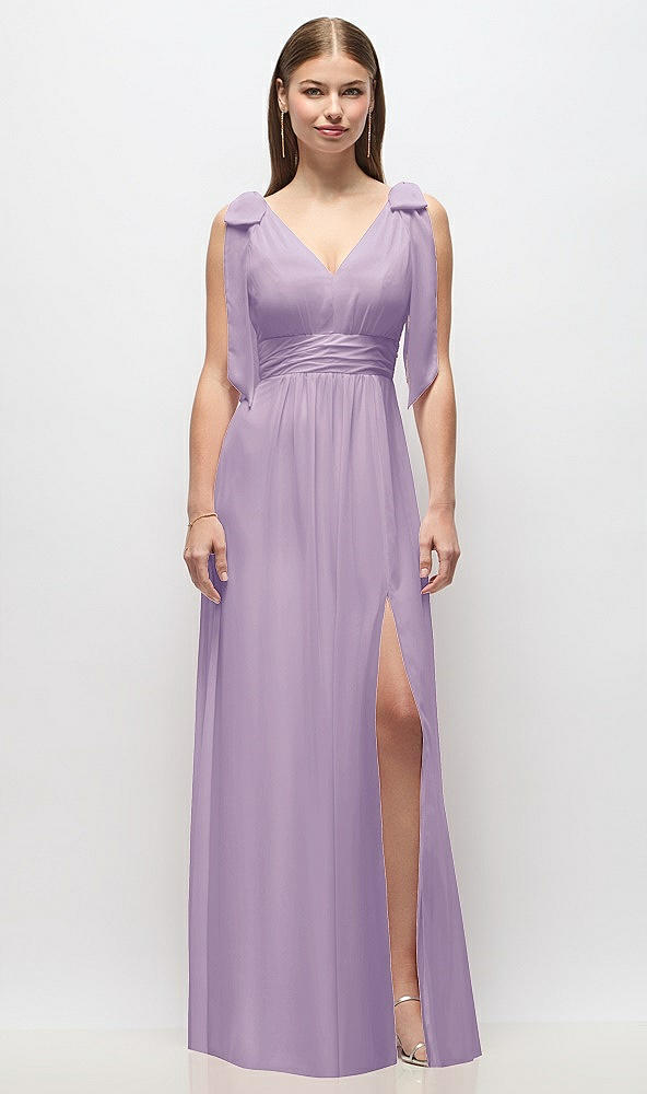 Front View - Pale Purple Plunge Neckline Bow Shoulder Empire Waist Chiffon Maxi Dress