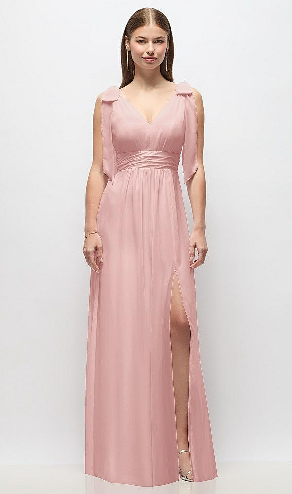 Front View - Rose Plunge Neckline Bow Shoulder Empire Waist Chiffon Maxi Dress
