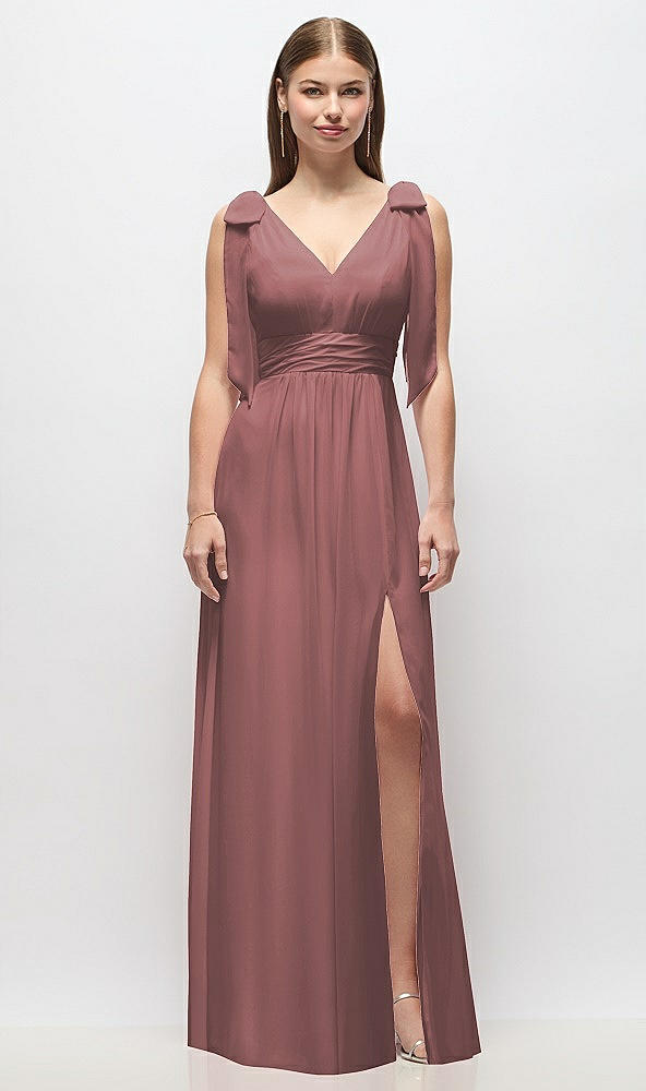 Front View - Rosewood Plunge Neckline Bow Shoulder Empire Waist Chiffon Maxi Dress